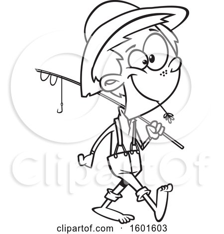 Clipart of a Cartoon Lineart Boy Carrying a Fishing Pole - Royalty Free Vector Illustration by toonaday