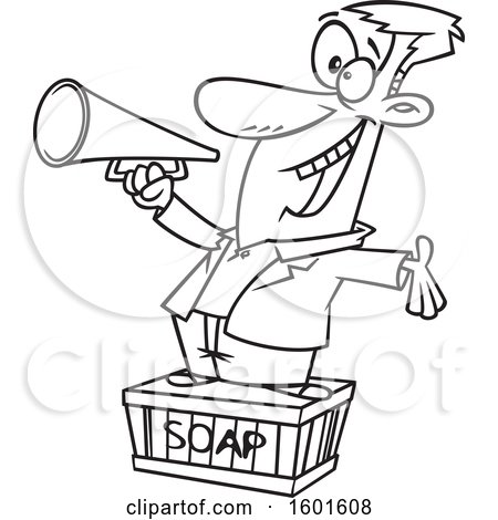 Clipart of a Cartoon Lineart Man Using a Megaphone and Standing on a Soapbox - Royalty Free Vector Illustration by toonaday