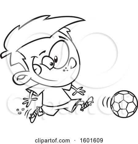 Clipart of a Cartoon Lineart Boy Playing Soccer - Royalty Free Vector Illustration by toonaday
