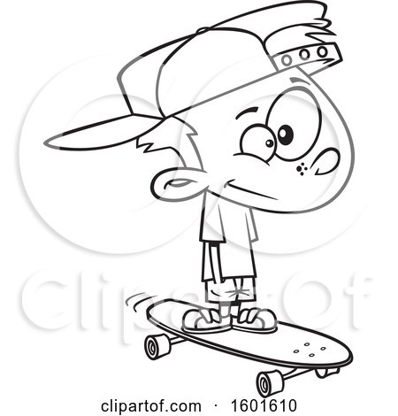 Clipart of a Cartoon Lineart Boy Skateboarding - Royalty Free Vector Illustration by toonaday