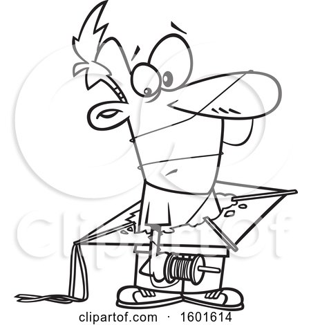 Clipart of a Cartoon Lineart Man with a Kite Crashed Around His Body - Royalty Free Vector Illustration by toonaday