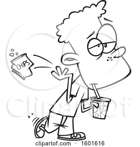 Clipart of a Cartoon Lineart Boy Carelessly Littering - Royalty Free Vector Illustration by toonaday