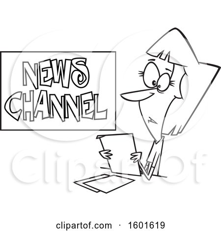 Clipart of a Cartoon Lineart Female News Reporter at Work - Royalty Free Vector Illustration by toonaday