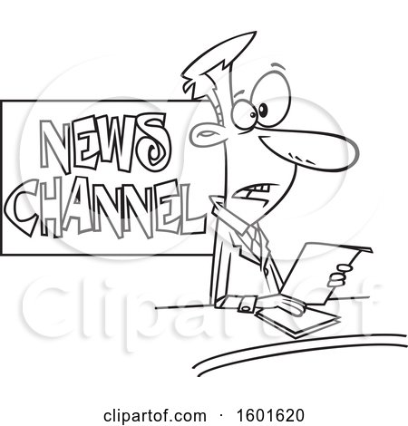 Clipart of a Cartoon Lineart Male News Anchor at Work - Royalty Free Vector Illustration by toonaday