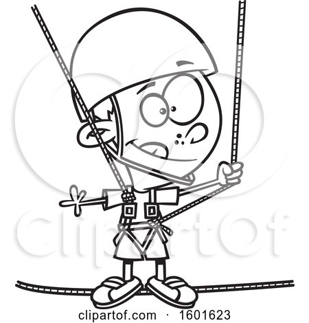 Clipart of a Cartoon Lineart Boy Taking a Ropes Course - Royalty