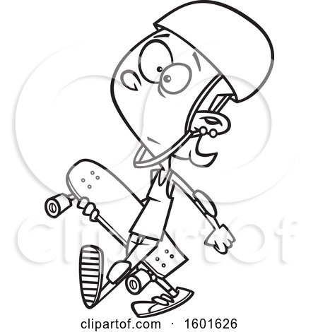 Clipart of a Cartoon Lineart Teenage Skater Girl Carrying a Board - Royalty Free Vector Illustration by toonaday