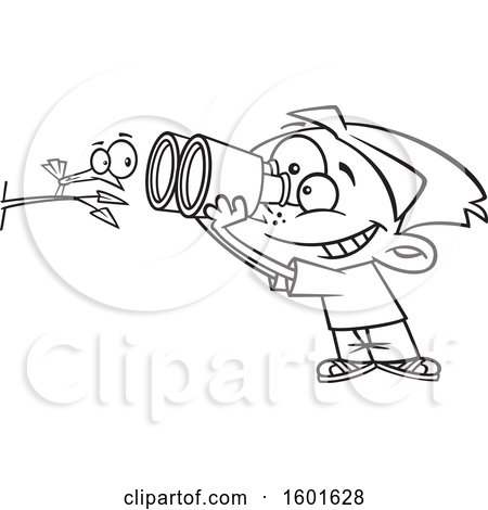 Clipart of a Cartoon Lineart Boy Viewing a Bird up Close with Binoculars - Royalty Free Vector Illustration by toonaday