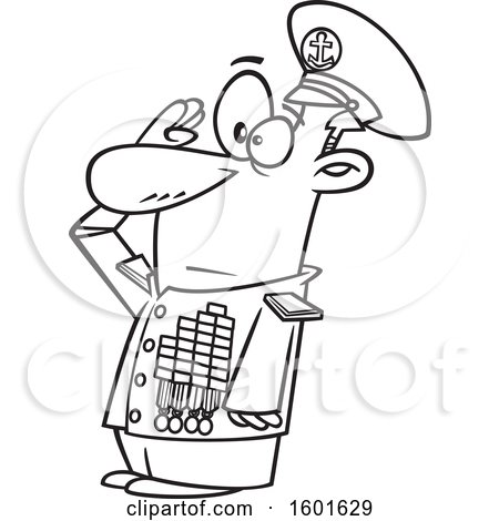 Clipart of a Cartoon Lineart Saluting Admiral - Royalty Free Vector Illustration by toonaday