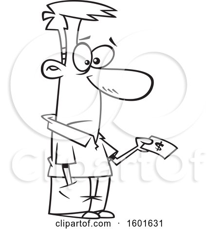 Clipart of a Cartoon Lineart Sad Man Paying for Something - Royalty Free Vector Illustration by toonaday