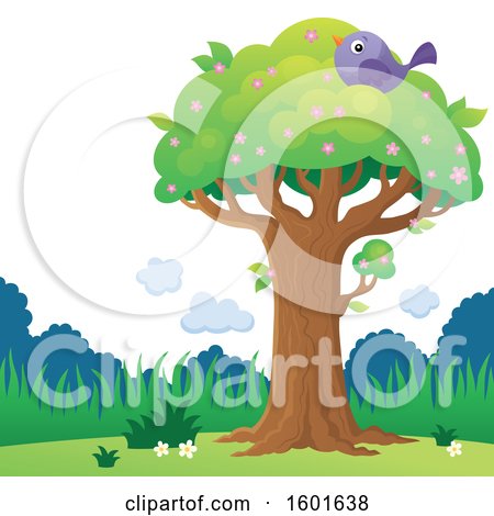 Clipart of a Blossoming Spring Tree with a Bird - Royalty Free Vector Illustration by visekart