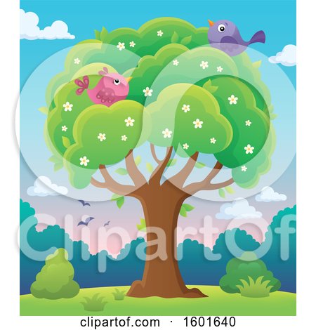 Clipart of a Blossoming Spring Tree with Birds at Dawn or Sunset - Royalty Free Vector Illustration by visekart