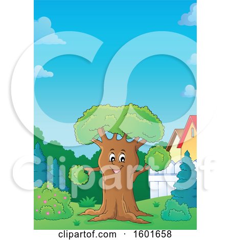 Clipart of a Tree Character Mascot in a Yard - Royalty Free Vector Illustration by visekart