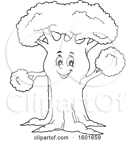 Clipart of a Lineart Tree Character Mascot - Royalty Free Vector Illustration by visekart