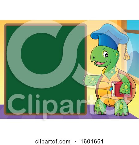 Clipart of a Cartoon Tortoise Turtle Professor Mascot Character by a Chalkboard - Royalty Free Vector Illustration by visekart