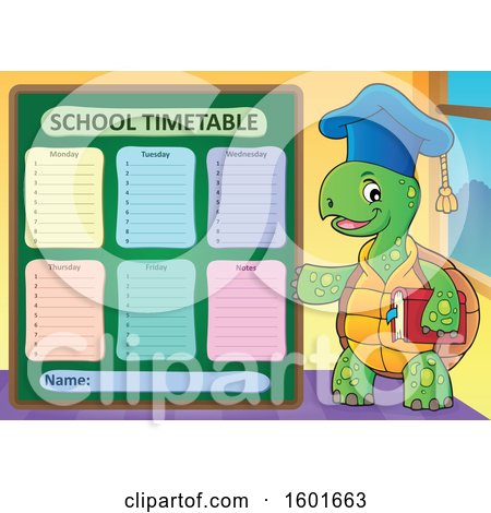 Clipart of a Cartoon Tortoise Turtle Professor Mascot Character with a School Timetable - Royalty Free Vector Illustration by visekart