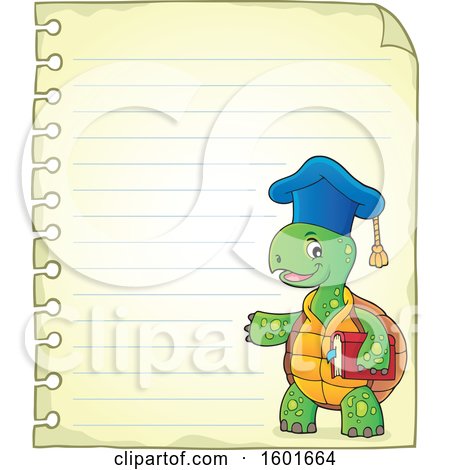 Clipart of a Cartoon Tortoise Turtle Professor Mascot Character over Ruled Paper - Royalty Free Vector Illustration by visekart