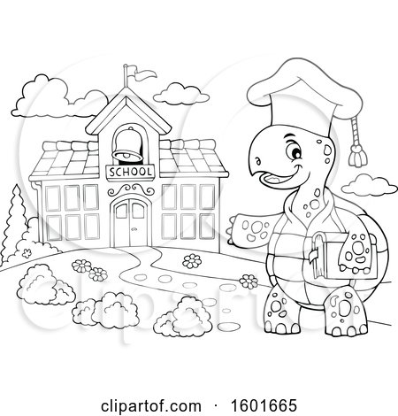 Clipart of a Cartoon Lineart Tortoise Turtle Professor Mascot Character near a School - Royalty Free Vector Illustration by visekart