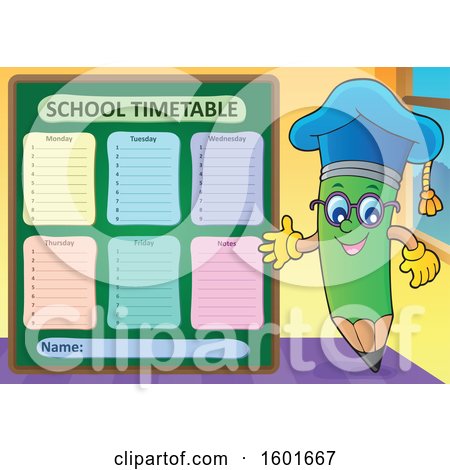 Clipart of a Green Pencil Professor Mascot Character Presenting a School Timetable - Royalty Free Vector Illustration by visekart