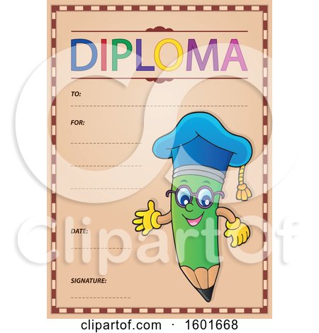 Clipart of a Green Pencil Professor Mascot Character Presenting on a Diploma - Royalty Free Vector Illustration by visekart