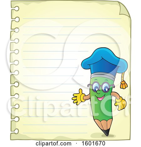 Clipart of a Green Pencil Professor Mascot Character Presenting on Ruled Paper - Royalty Free Vector Illustration by visekart
