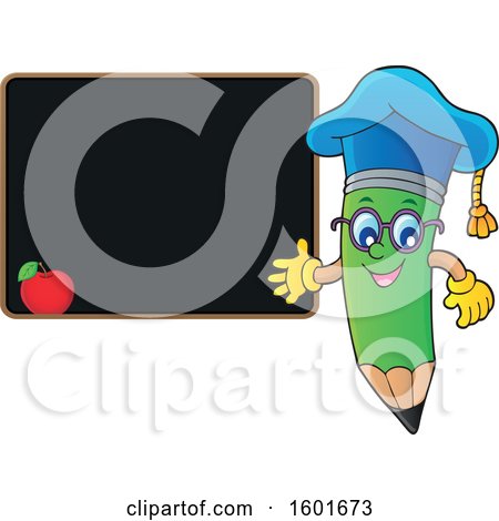 Clipart of a Green Pencil Professor Mascot Character Presenting a Blackboard - Royalty Free Vector Illustration by visekart
