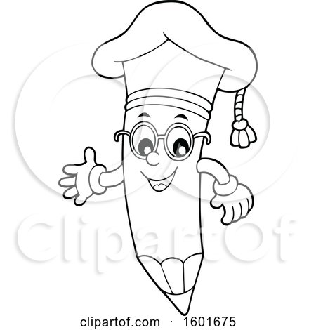 Clipart of a Lineart Pencil Professor Mascot Character Presenting - Royalty Free Vector Illustration by visekart