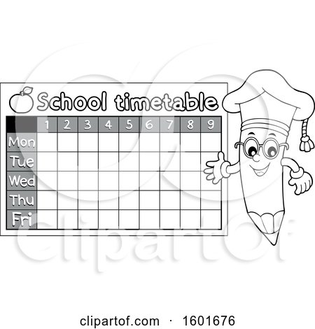 Clipart of a Grayscale Pencil Professor Mascot Character Presenting a School Timetable - Royalty Free Vector Illustration by visekart