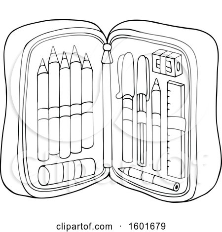 Clipart of a Lineart Pencil Pouch Full of School Supplies - Royalty Free Vector Illustration by visekart