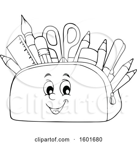 Clipart of a Lineart Pencil Pouch Character Full of School Supplies - Royalty Free Vector Illustration by visekart