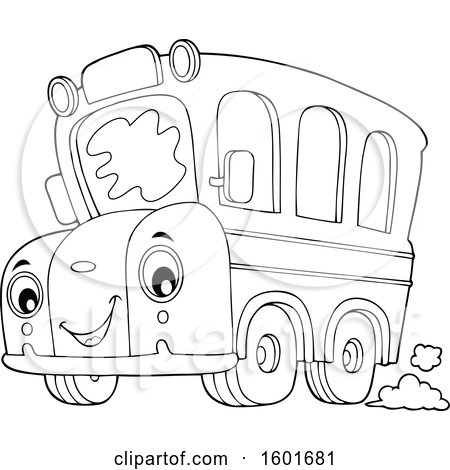 Clipart of a Lineart Cartoon Happy Yellow School Bus Mascot Character - Royalty Free Vector Illustration by visekart
