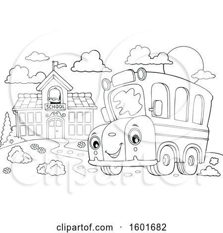 Clipart of a Lineart Cartoon Happy Yellow School Bus Mascot Character near a Building - Royalty Free Vector Illustration by visekart