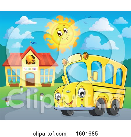 Clipart of a Cartoon Happy Yellow School Bus Mascot Character near a Building on a Sunny Day - Royalty Free Vector Illustration by visekart