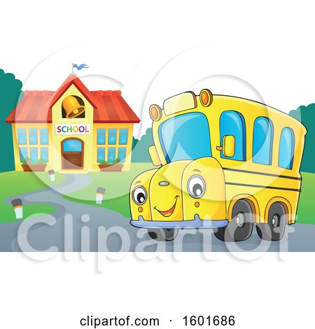 Clipart of a Cartoon Happy Yellow School Bus Mascot Character near a Building - Royalty Free Vector Illustration by visekart