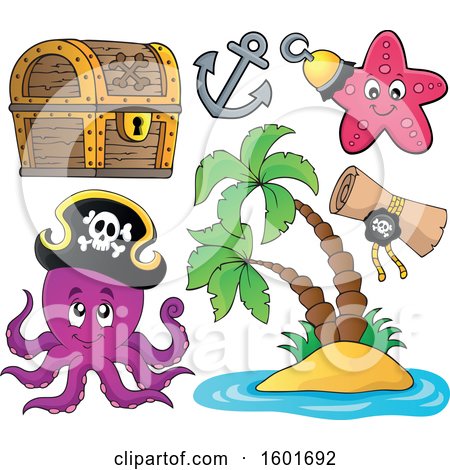 Clipart of Pirate Animals Icons and a Tropical Island - Royalty Free Vector Illustration by visekart