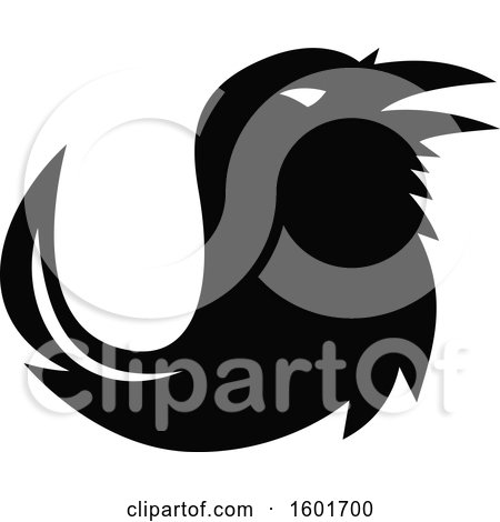 Clipart of a Silhouetted Raven or Crow Bird with a Quill Pen Tail - Royalty Free Vector Illustration by patrimonio