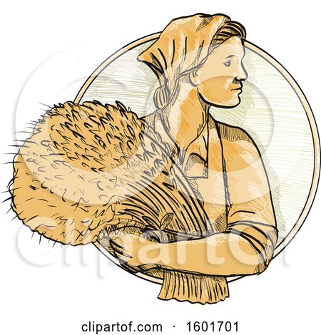 Clipart of a Sketched Female Russian Wheat Farmer Holding Fresh Harvested Stalks in a Circle - Royalty Free Vector Illustration by patrimonio