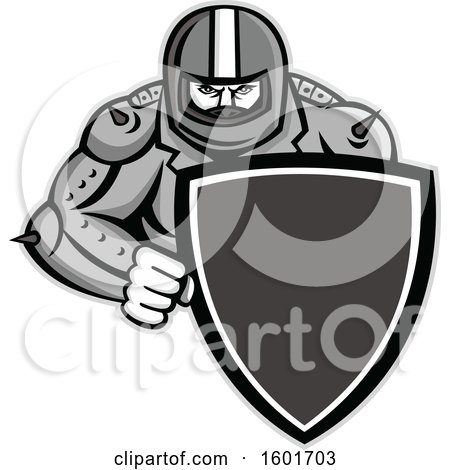 Clipart of a Grayscale Tough Biker Wearing a Motorcycle Helmet and Holding a Shield - Royalty Free Vector Illustration by patrimonio