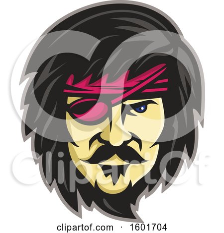 Clipart of a Pirate Face with Black Hair a Beard and Mustache and a Pink Eye Patch - Royalty Free Vector Illustration by patrimonio