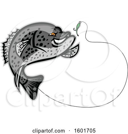 Clipart of a Jumping Black Crappie Fish Mascot Going for a Fishing Hook - Royalty Free Vector Illustration by patrimonio