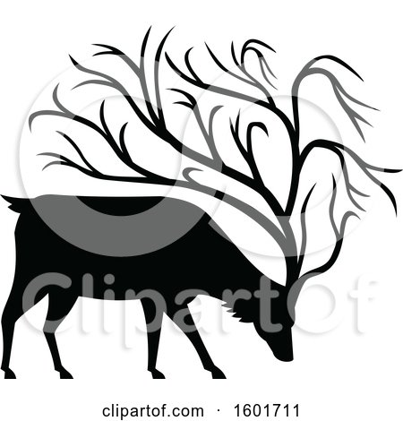 Clipart of a Black Silhouetted Buck Deer with Tree like Antlers - Royalty Free Vector Illustration by patrimonio