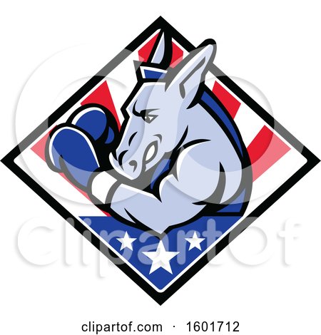 Clipart of a Democratic Donkey Mascot Boxing in a Stars and Stripes Diamond - Royalty Free Vector Illustration by patrimonio