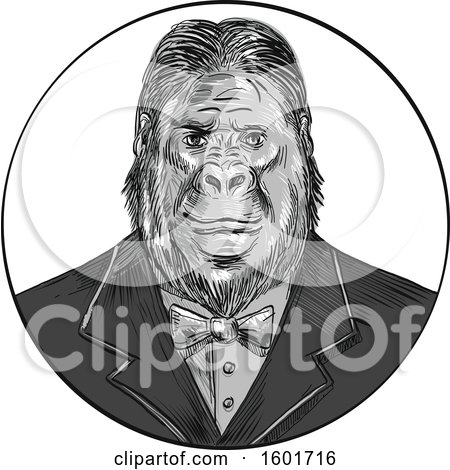 Clipart of a Sketched Grayscale Gorilla in a Tuxedo - Royalty Free Vector Illustration by patrimonio