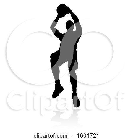 Clipart of a Silhouetted Basketball Player, with a Reflection or Shadow, on a White Background - Royalty Free Vector Illustration by AtStockIllustration