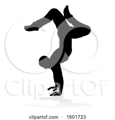 Clipart of a Silhouetted Male Dancer, with a Reflection or Shadow, on a White Background - Royalty Free Vector Illustration by AtStockIllustration