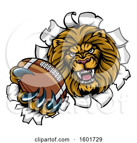 Clipart of a Tough Lion Sports Mascot Holding out an American Football and Breaking Through a Wall - Royalty Free Vector Illustration by AtStockIllustration