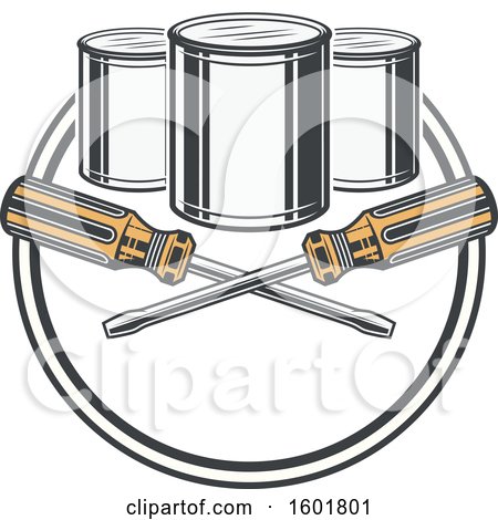Clipart of a Round Frame with Crossed Screwdrivers and Paint Cans - Royalty Free Vector Illustration by Vector Tradition SM