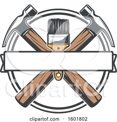 Clipart of a Round Frame with a Paintbrush and Crossed Hammers - Royalty Free Vector Illustration by Vector Tradition SM