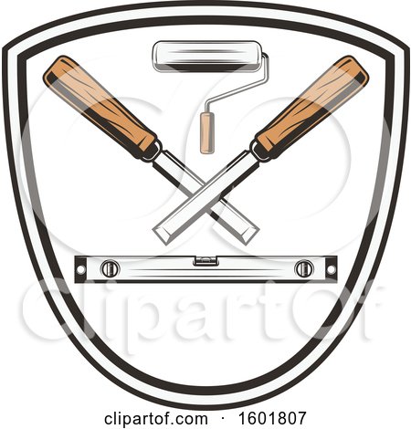 Clipart of a Shield with a Leveler Roller Paintbrush and Rasps - Royalty Free Vector Illustration by Vector Tradition SM