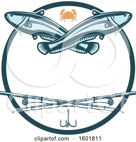 Clipart of a Round Frame with a Crab Sheatfish and Crossed Fishing Poles - Royalty Free Vector Illustration by Vector Tradition SM