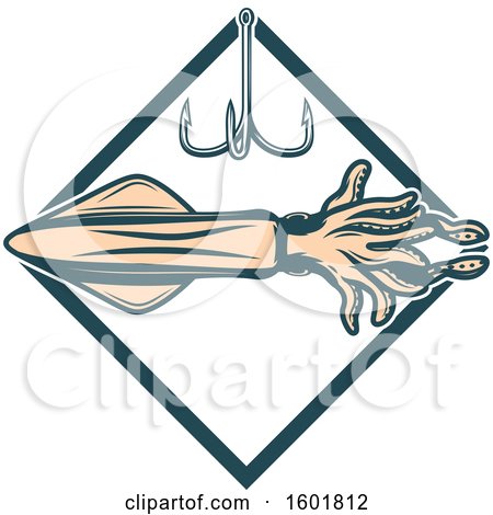 Clipart of a Squid and Fishing Hook in a Diamond Frame - Royalty Free Vector Illustration by Vector Tradition SM